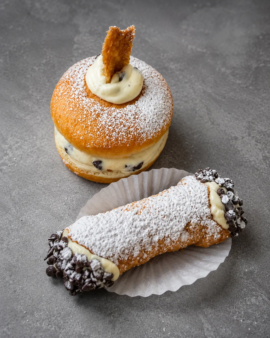 Sicilian cannoli filled with ricotta cream at Castelli Mercato Italian bakery and cafe in Ancaster, Hamilton