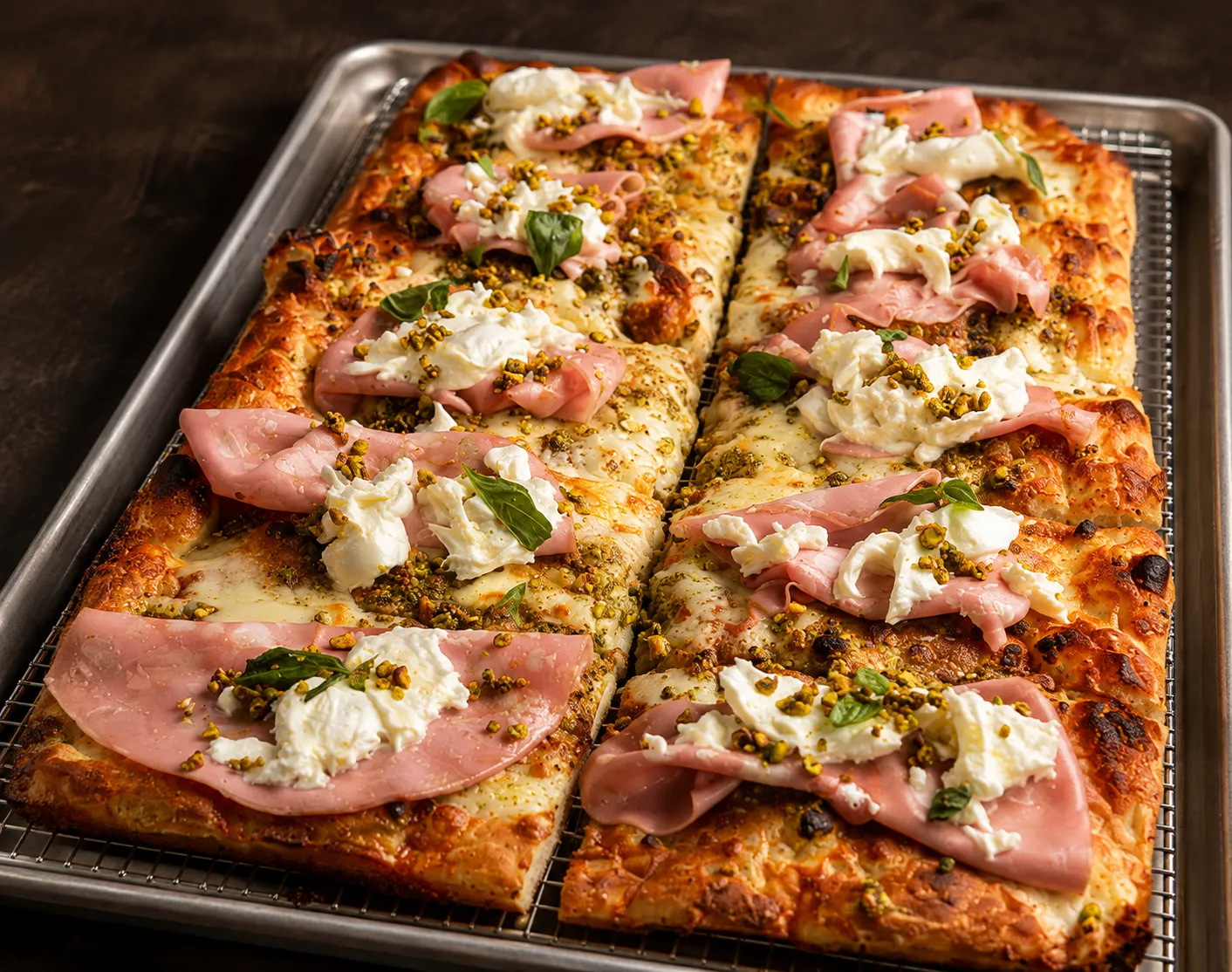Mortadella, Pistachio and Burrata Roman pizza from Castelli Mercato - Italian food delivery to Waterdown, Hamilton, ON